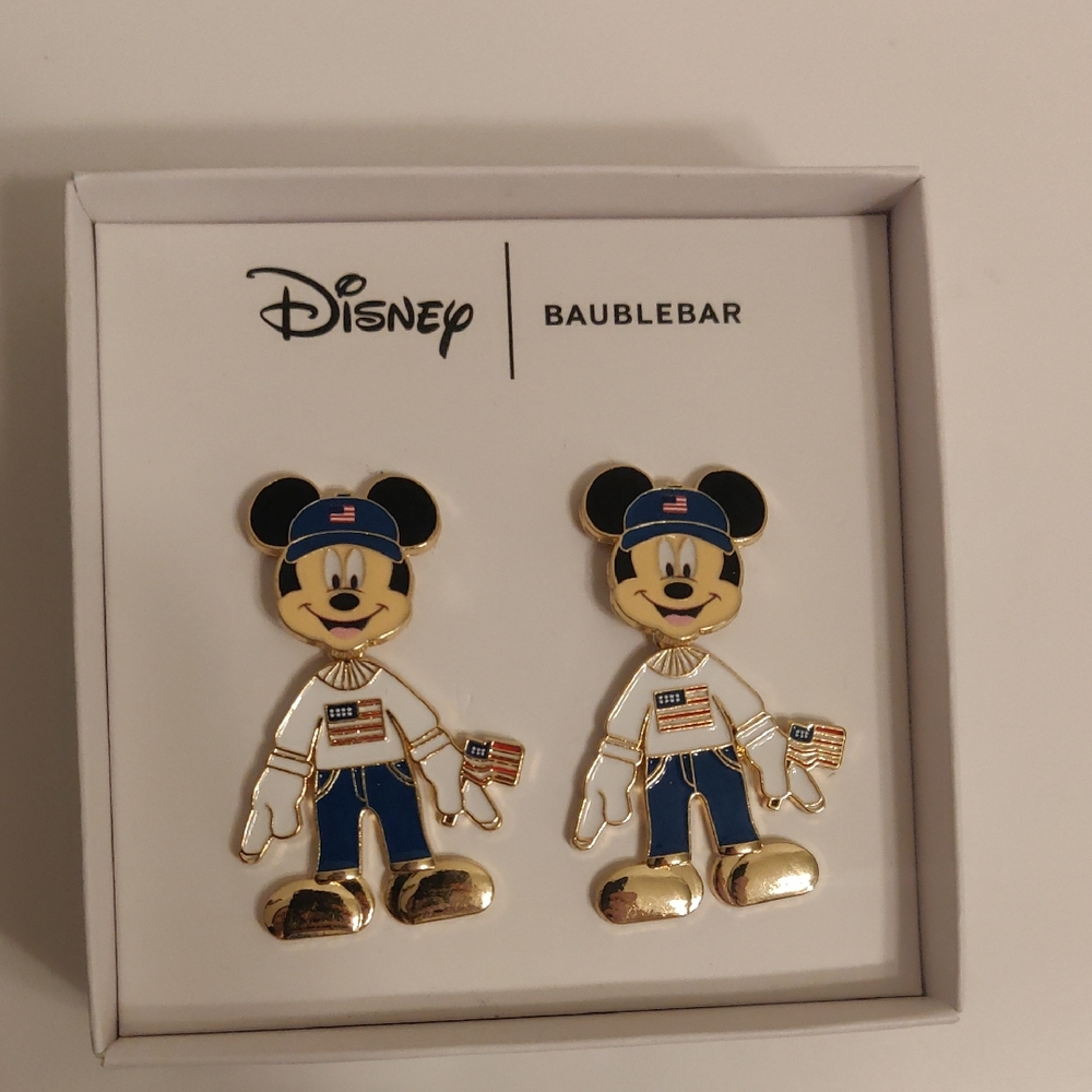 New!Disney x BaubleBar Mickey Mouse Americana Patriotic USA Flag Earrings Retro